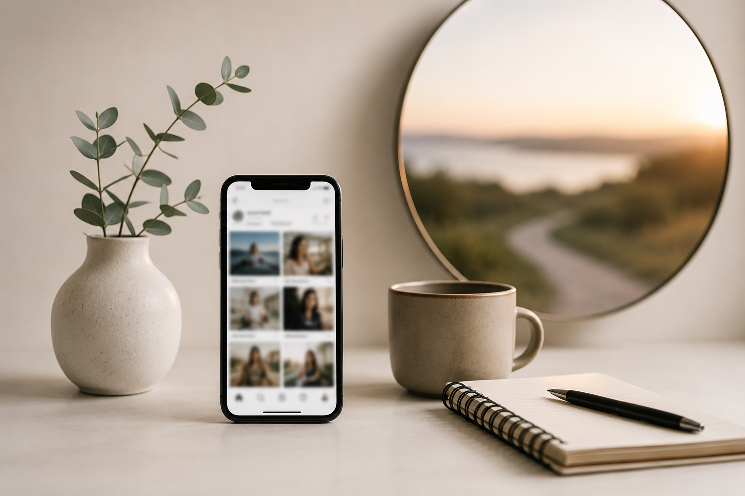 A smartphone on a desk shows a social media grid beside a ceramic vase, coffee mug, and notebook with a pen, against a round mirror backdrop.