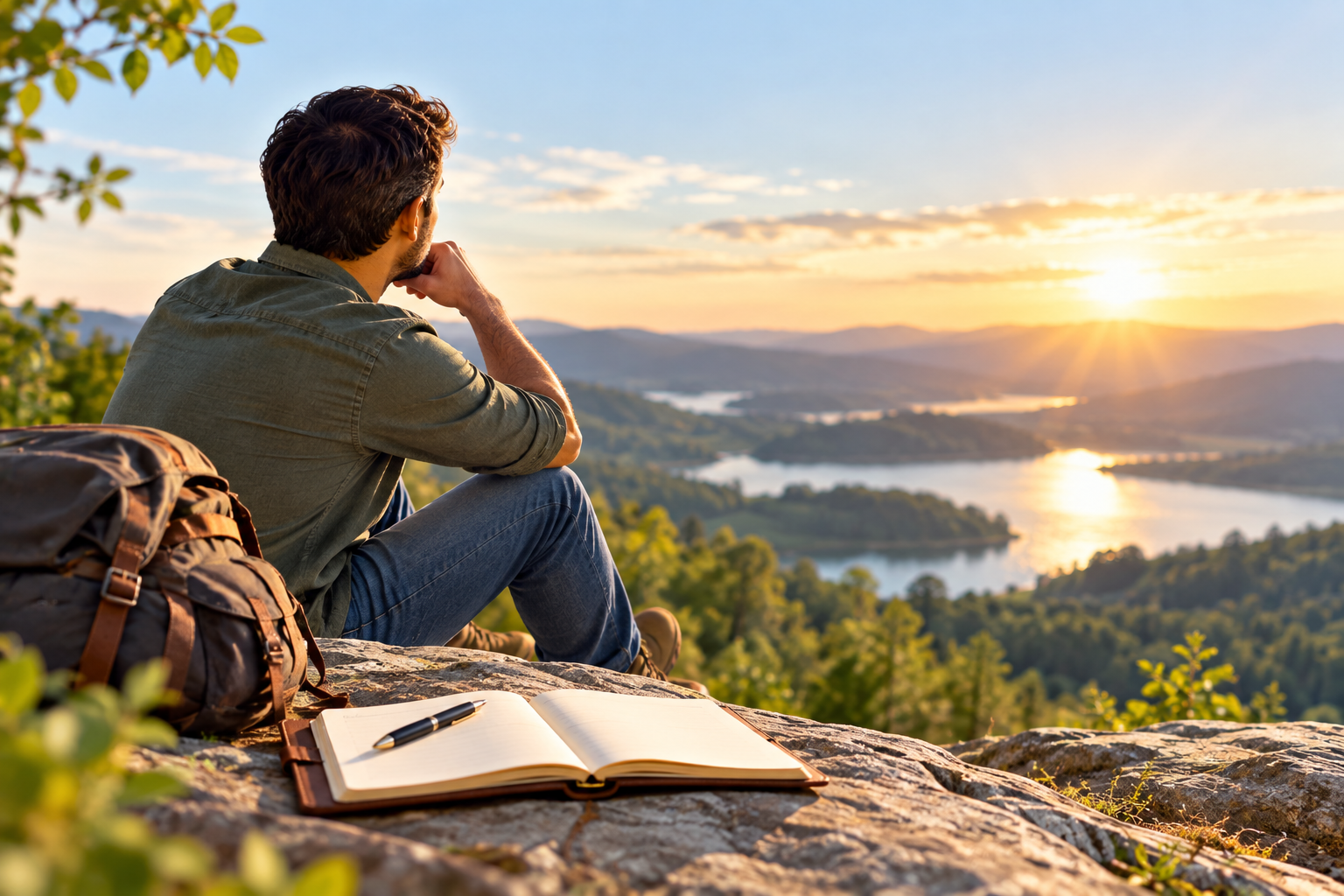 Contemplative Hiker Overlooking a Golden Valley